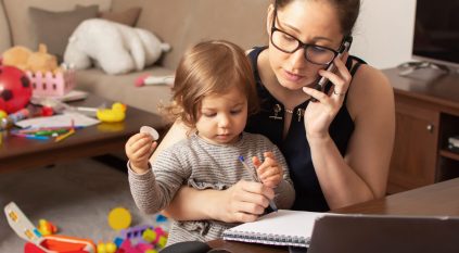 Mother working from home